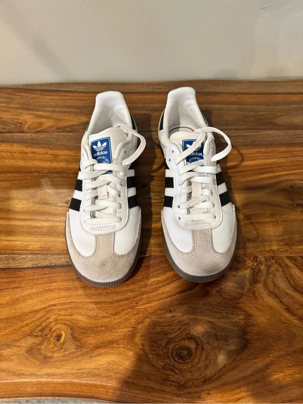 adidas Kids White Sneakers with Black Stripes and Blue Tongue Logo